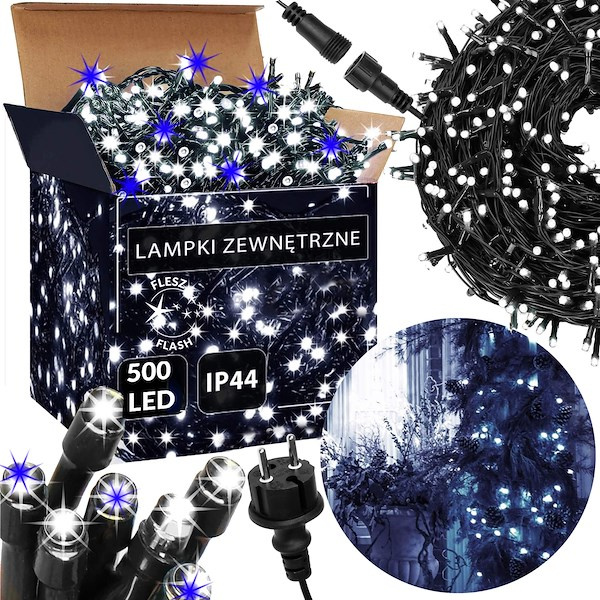 Lampki świąteczne 500 led biały zimny + niebieski flash 31,5 m oświetlenie choinkowe IP44