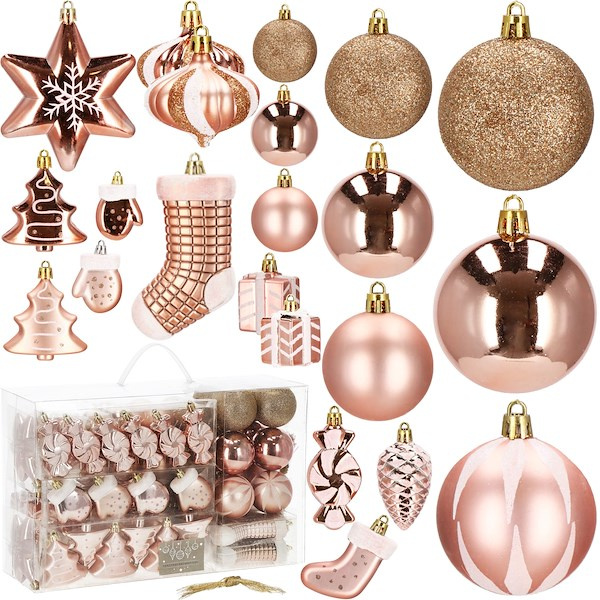 Bombki choinkowe 77 szt. rose gold, ozdoby świąteczne