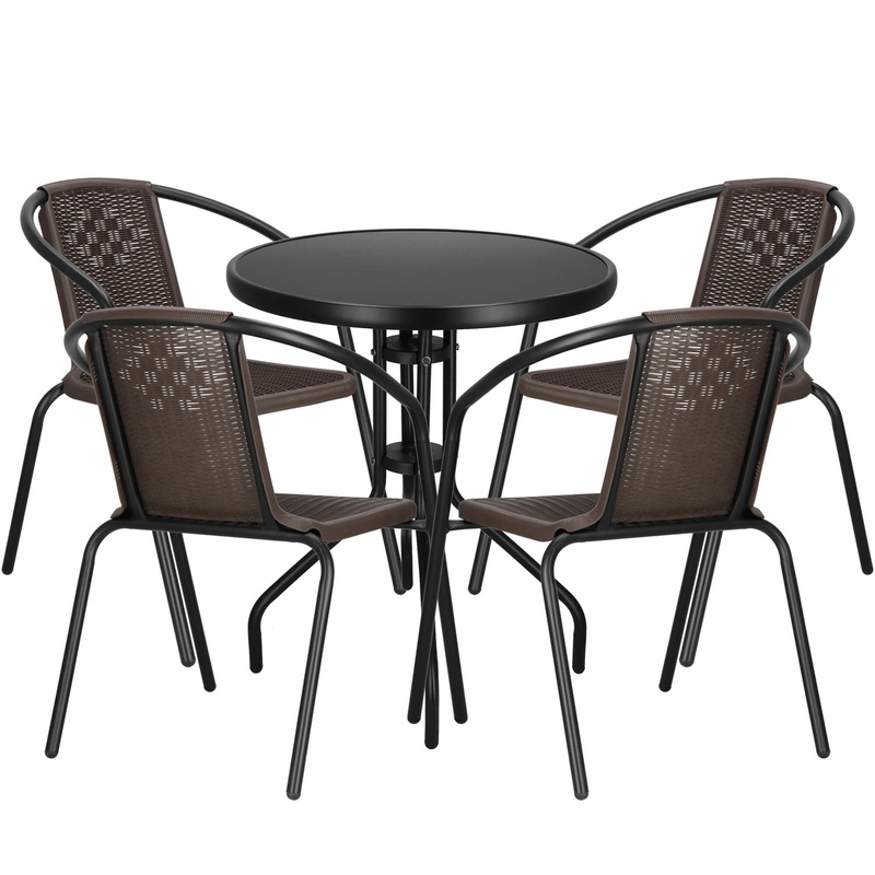 Zestaw mebli ogrodowych stół okrągły i 4 krzesła metalowe komplet ogrodowy czarno-brązowy