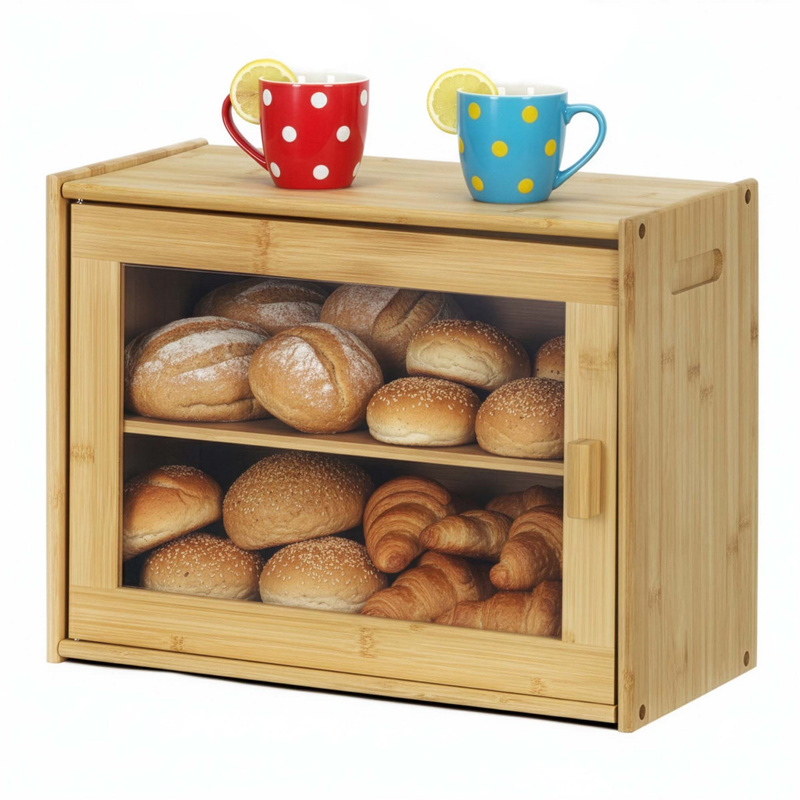 Chlebak dwupoziomowy, pojemnik do przechowywania pieczywa, szafka kuchenna na chleb, bambusowa