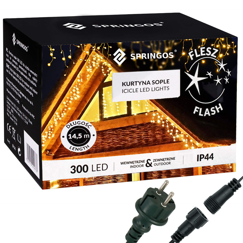 Kurtyna świetlna 300 led girlanda, lampki zewnętrzne sople ciepły biały + flash