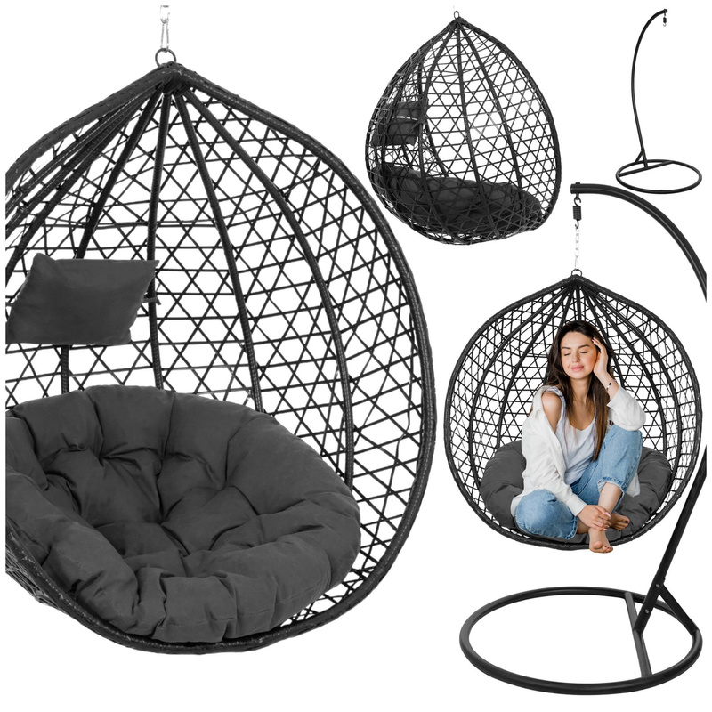 Fotel wiszący ogrodowy kokon rattanowy z poduszkami bujak huśtawka na stelażu czarna