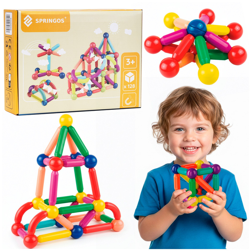 Klocki magnetyczne dla dzieci duży zestaw 128 szt. patyczki kulki 3D konstrukcyjne