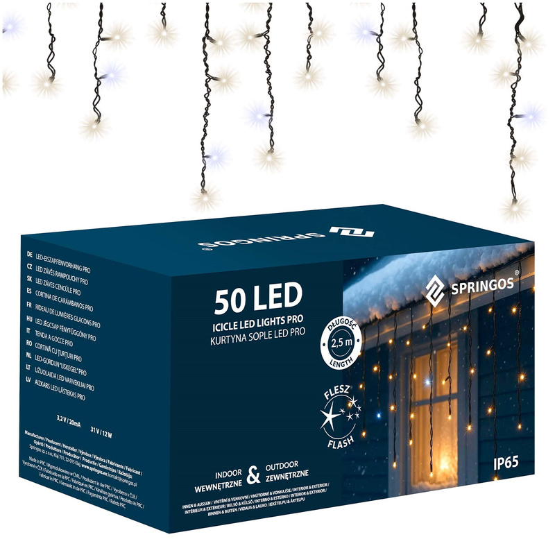 Kurtyna świetlna sople 50 Led 2,5 m lampki zewnętrzne zimny biały + zimny biały flash