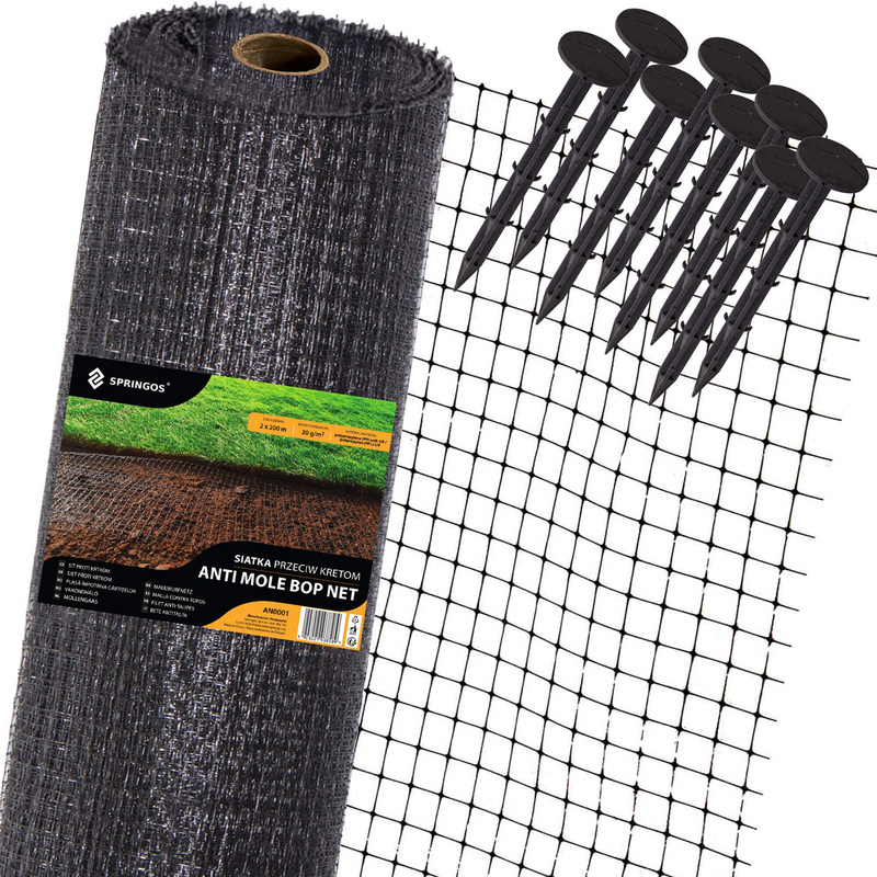 Siatka przeciw kretom nornicom 2 m x 300 m + kołki 300 szt. na gryzonie 30g/m2