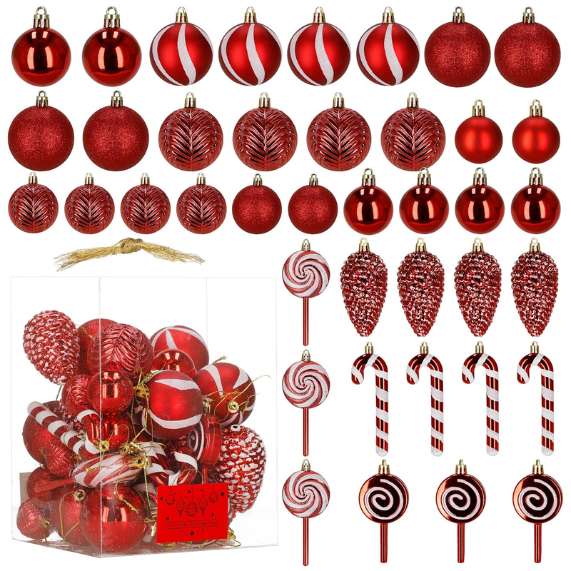 Bombki choinkowe kształtki 40 szt. okrągłe, lizaki, szyszki, laski cukrowe czerwone