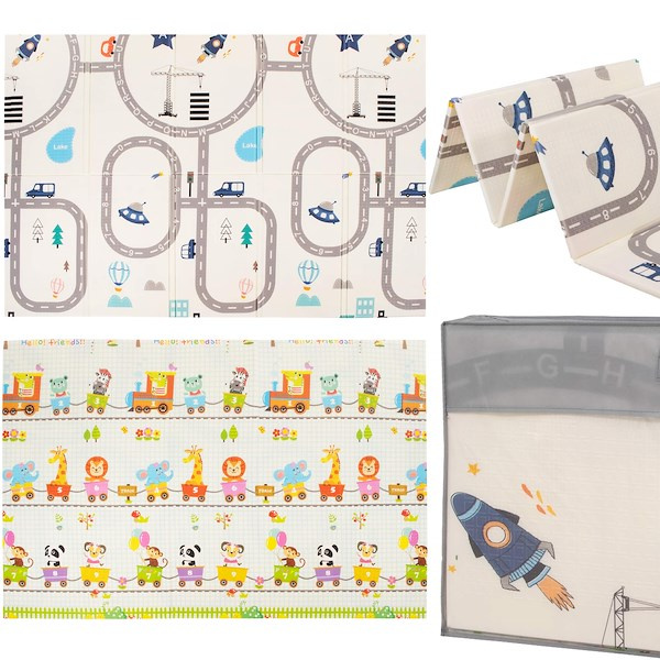 Dwustronna mata piankowa, edukacyjna dla dzieci 150x200 cm składana, pojazdy