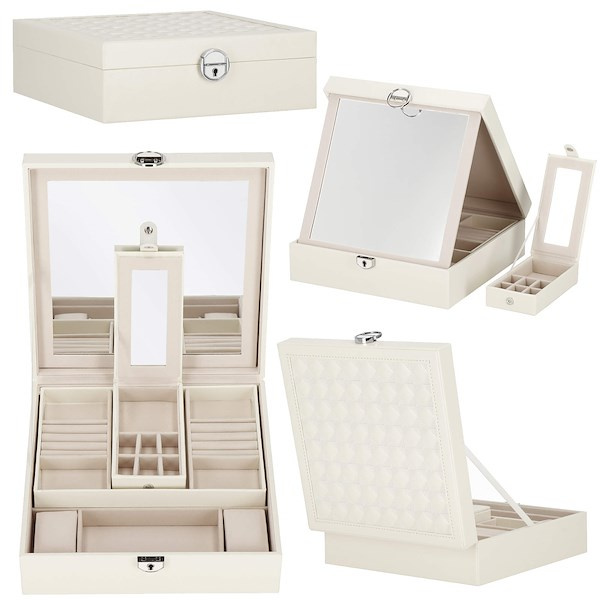 Szkatułka na biżuterię ekoskóra 25x25x8,5 cm kremowy kuferek z przegródkami
