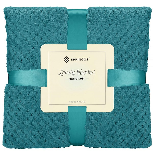 Narzuta na łóżko, pled 200x220 cm dwustronny, tłoczony koc na kanapę morski