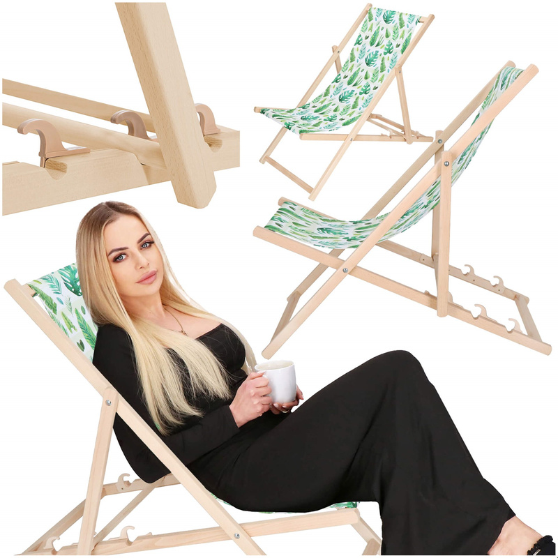 Leżak drewniany z 3-stopniową regulacją, ogrodowy, plażowy, balkonowy wzór liście