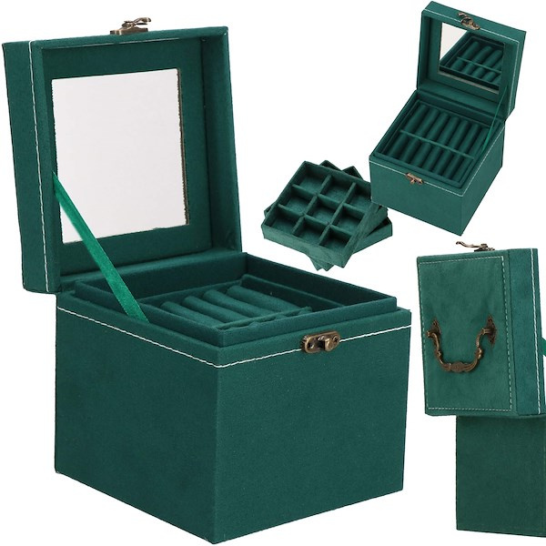 Szkatułka na biżuterię 12x12x12 cm zielony kuferek z przegródkami i lusterkiem welurowy