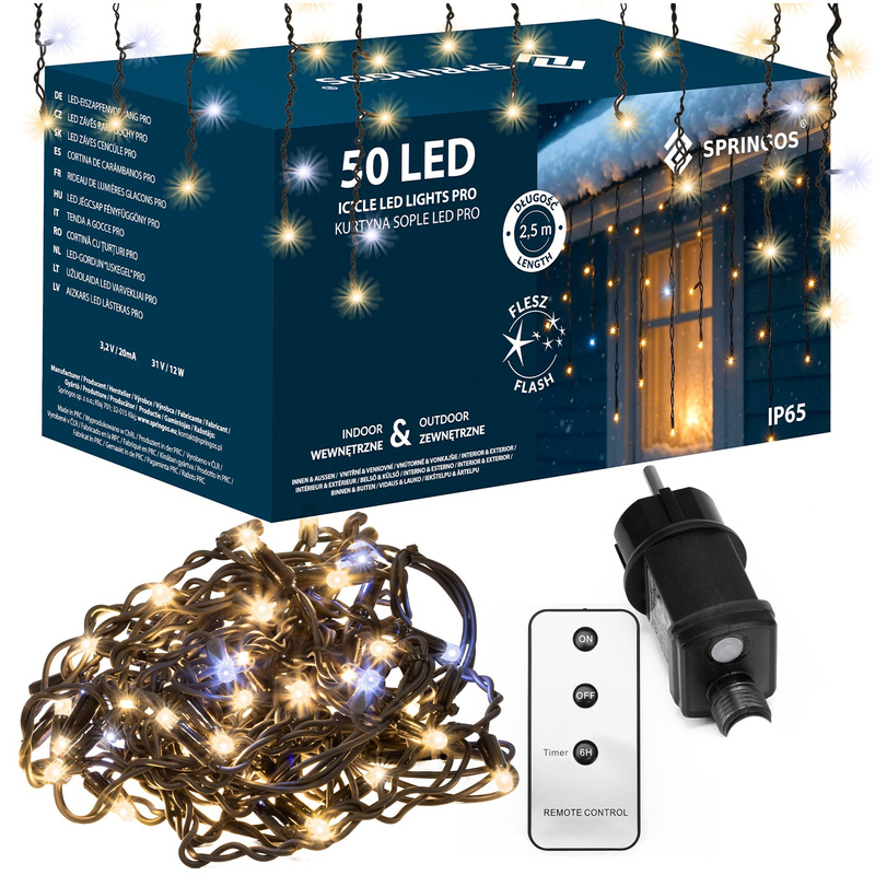 Kurtyna świetlna sople PRO 500 Led zewnętrzne 25 m ciepły biały + zimny biały flash komplet