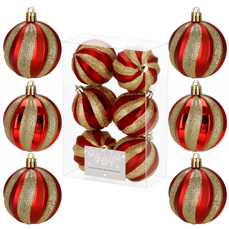Czerwone bombki choinkowe zestaw 6 szt. 7 cm brokatowe, sznureczki w zestawie