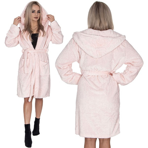 Szlafrok damski z kapturem i paskiem rozm. S/M polarowy różowy