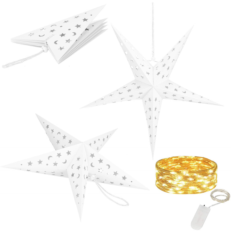 Gwiazda papierowa świąteczna biała 3D 25 cm i lampki choinkowe 10 led ciepły biały