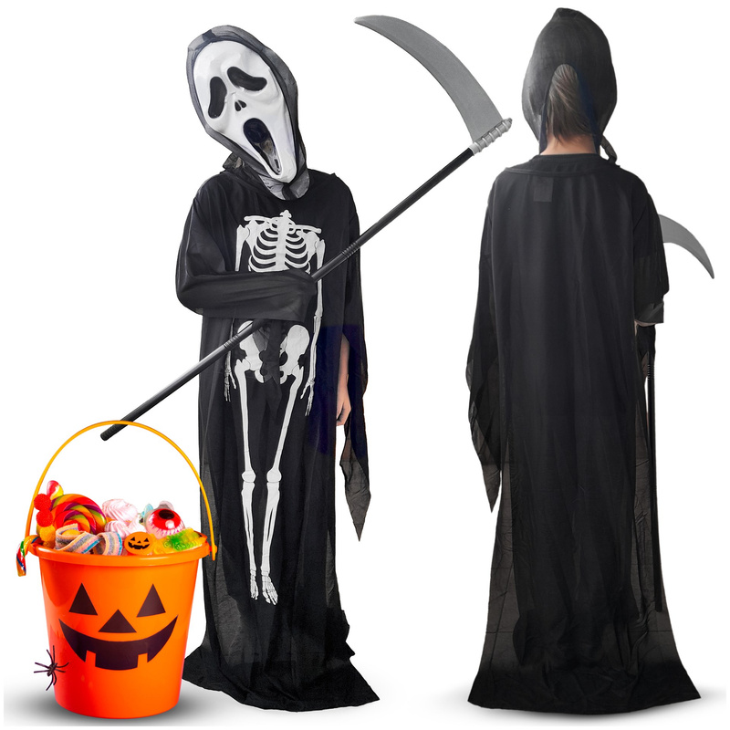 Kostium na Halloween strój śmierć z maską, peleryną i kosą kostucha przebranie dla dzieci