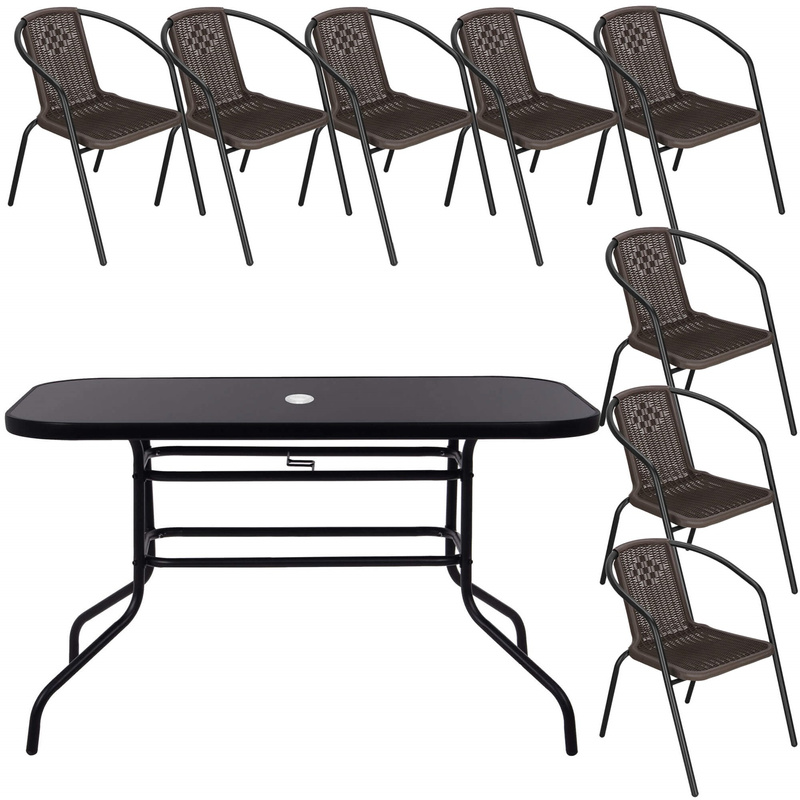 Zestaw mebli ogrodowych stół prostokątny i 8 krzeseł metalowych komplet czarno-brązowy