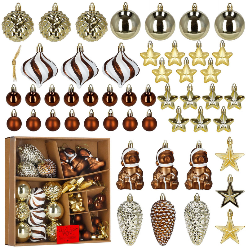 Bombki choinkowe 47 szt. komplet ozdób świątecznych zawieszki nietłukące, brązowy, złoty, biały