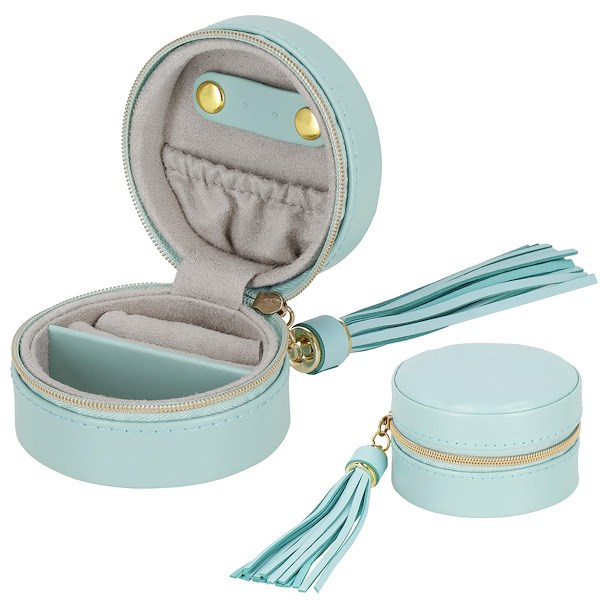 Szkatułka na biżuterię okrągła 8x5 cm miętowy kuferek z przegródkami ekoskóra