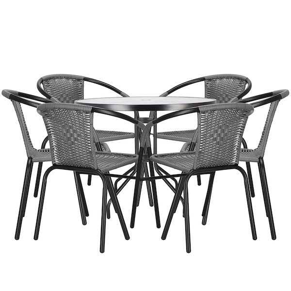 Meble ogrodowe balkonowe stolik kawowy ze szklanym blatem, 6 krzeseł metalowych czarno-szare