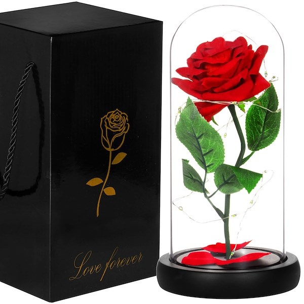 Wieczna róża w kloszu 22 cm świecąca ozdoba LED na prezent czerwona