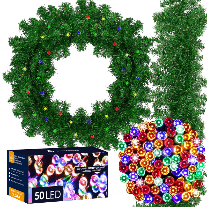 Girlanda choinkowa 300 cm z lampkami 50 LED multikolor, łańcuch na świąteczny, zielony