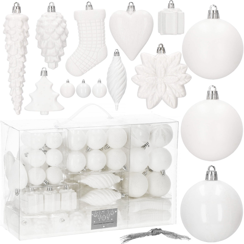 Bombki choinkowe 72 szt. białe, zestaw choinkowy