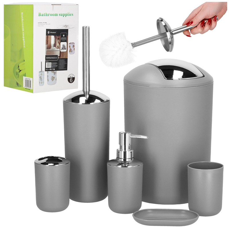 Akcesoria łazienkowe 6w1 zestaw do wc łazienki loft szczotka kosz kubki dozownik szary