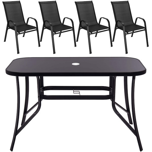 Meble ogrodowe komplet stół ze szkłem hartowanym, 4 krzesła zestaw dla 4 osób czarny