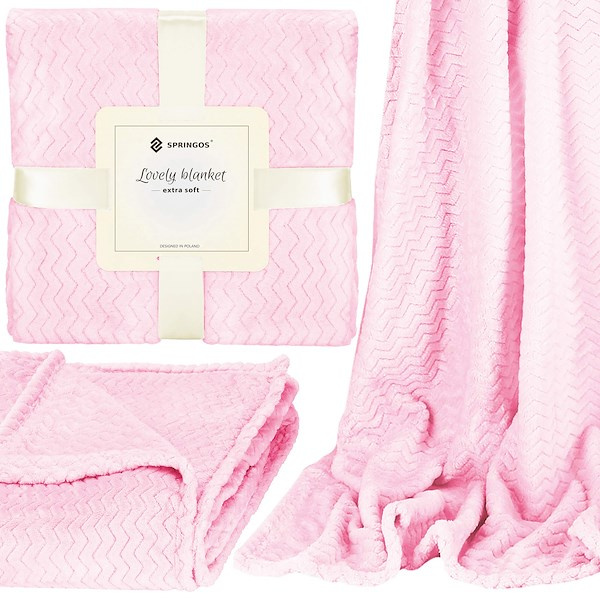 Narzuta na łóżko, koc 200x220 cm landrynkowy róż, dwustronny tłoczony pled na kanapę zygzak