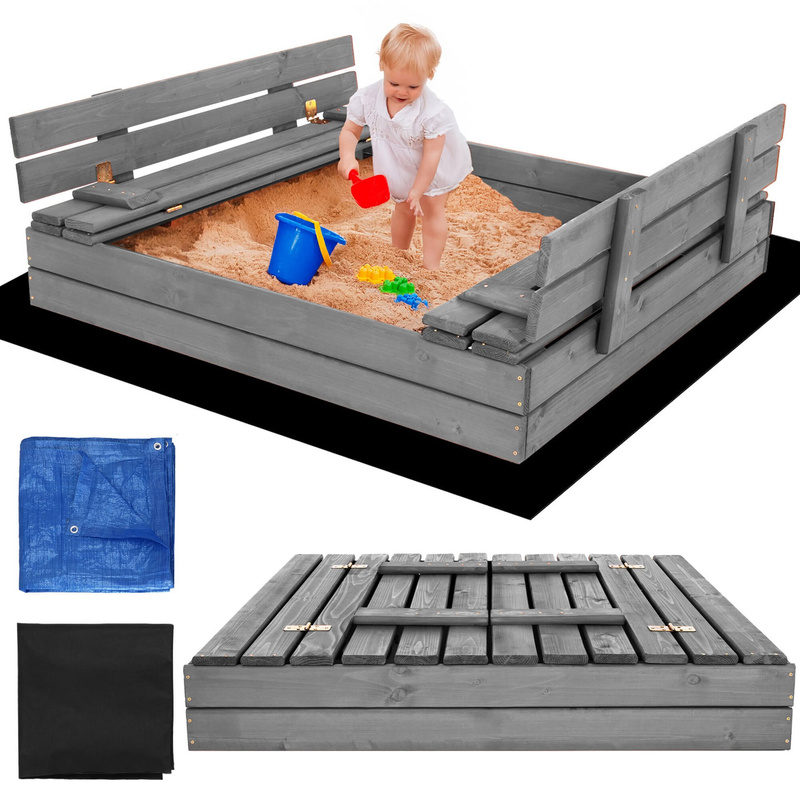 Piaskownica drewniana zamykana 120x120 cm impregnowana z ławkami, plandeką i podłożem