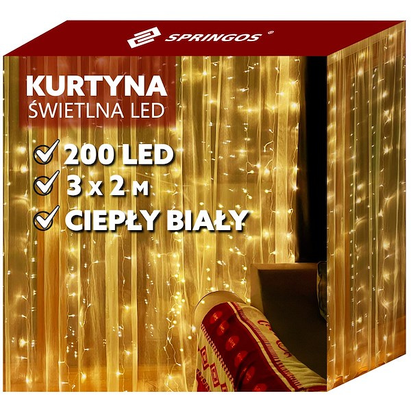 Kurtyna świetlna 200 led ciepły biały 3x2 m lampki wewnętrzne USB z programatorem i pilotem