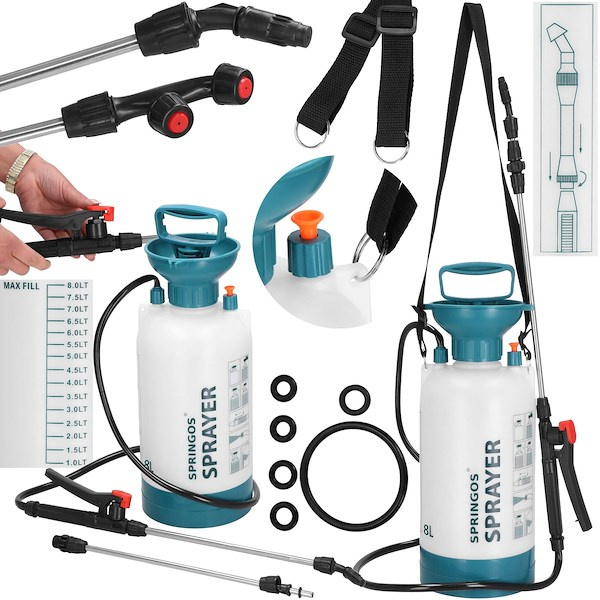 Opryskiwacz ciśnieniowy, sadowniczy, 8l spryskiwacz ogrodowy ręczny, teleskopowa lanca 88 cm