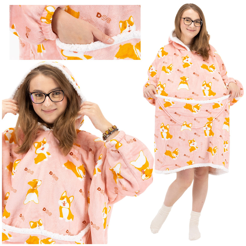 Bluza koc damska 2w1 kocobluza z kapturem ciepła oversize szlafrok futrzak pieski corgi