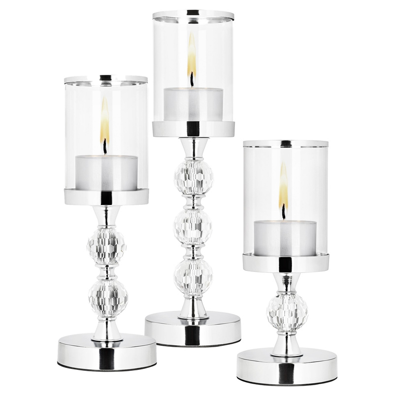 Świeczniki metalowe zestaw 3 szt. lampiony na nóżce, srebrne
