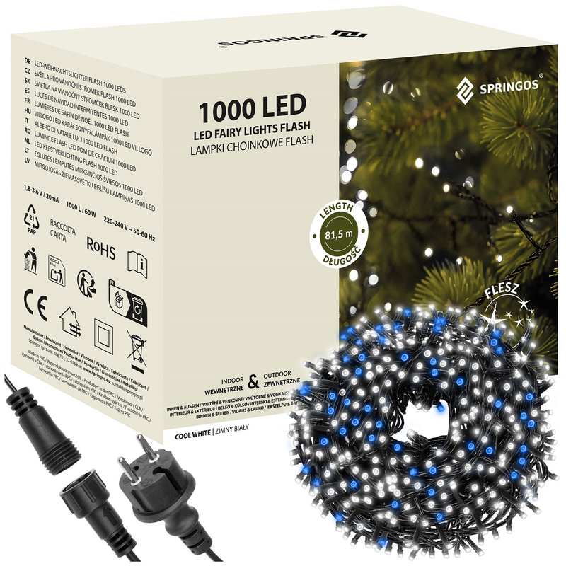 Lampki choinkowe 1000 led oświetlenie świąteczne IP44 81,5m biały zimny, flash niebieski