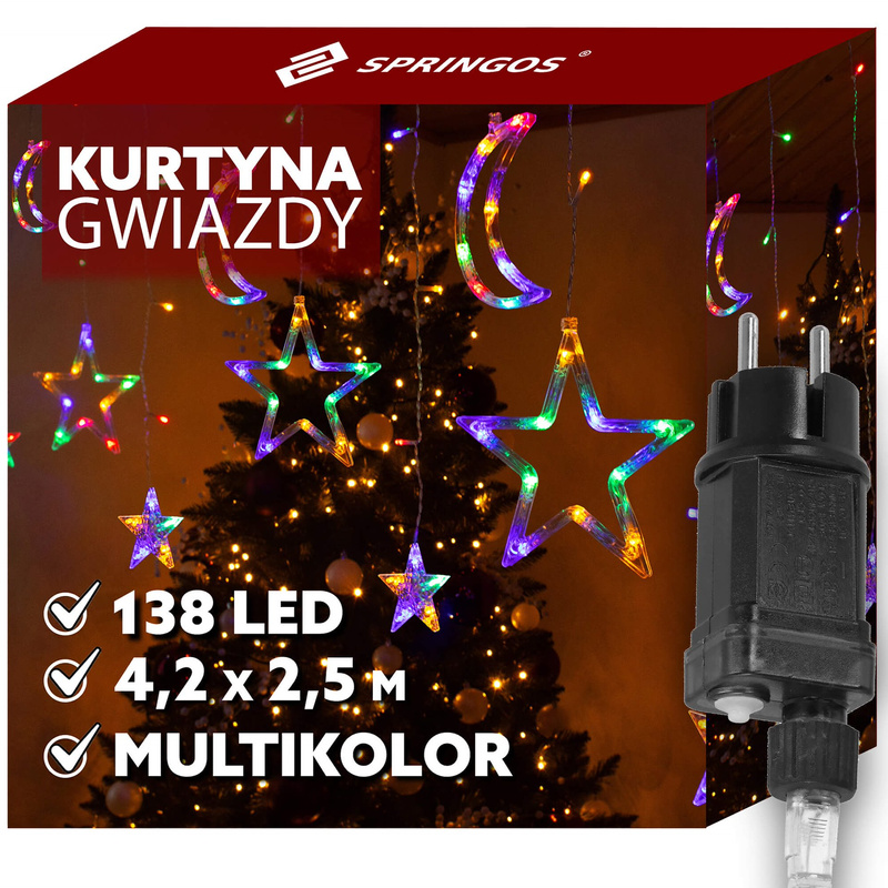Kurtyna świetlna 138 Led gwiazdy i księżyce światełka świąteczne sople multikolor