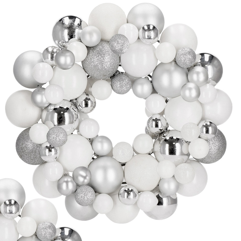 Wianek świąteczny z bombek, wieniec na drzwi 34 cm stroik, srebrny