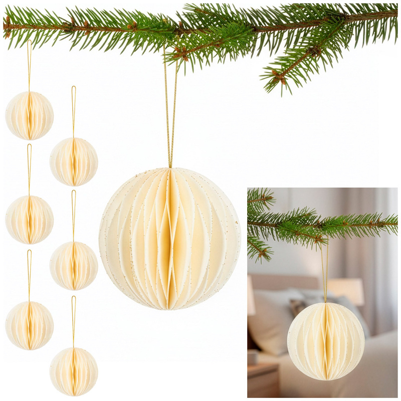 Bombki papierowe komplet 6 szt. ozdoby choinkowe 8 cm zawieszki rozkładane, biały