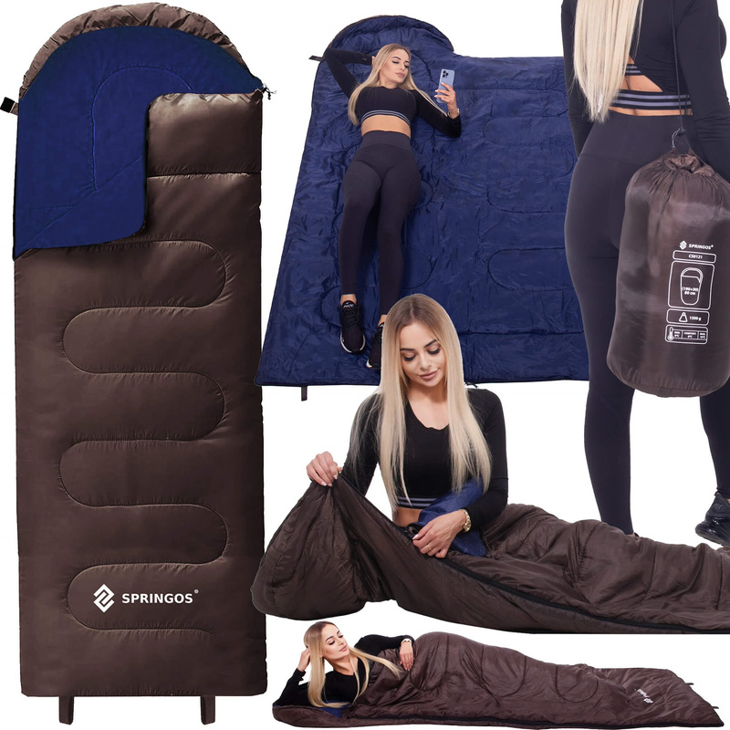 Śpiwór kempingowy 220x80 cm 2w1 lekki śpiwór z kapturem turystyczny brązowo-granatowy