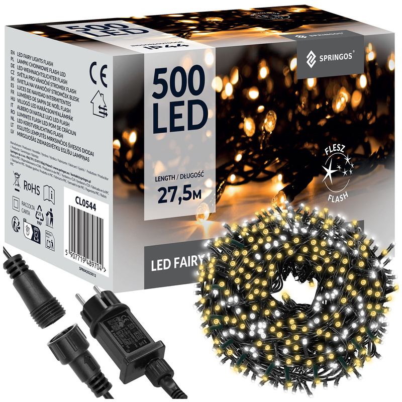 Lampki choinkowe 27,5 m biały ciepły + zimny biały flash 500 LED oświetlenie IP44