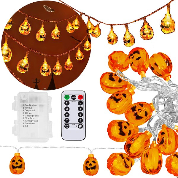 Dekoracja na Halloween łańcuch świetlny dynie girlanda na baterie i pilota 20 LED