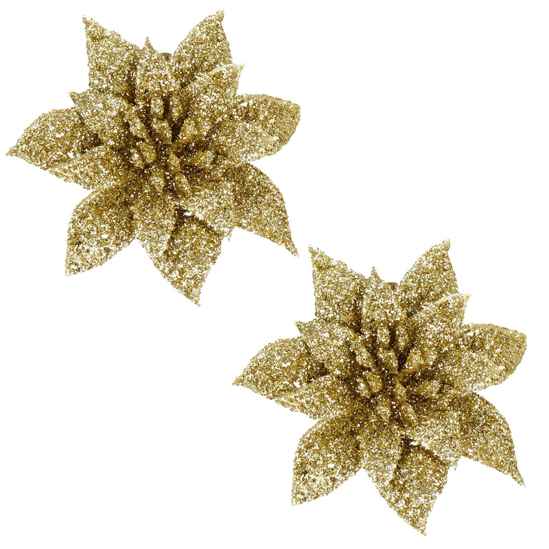 Poinsecja 2 szt. sztuczny kwiat, gwiazda betlejemska złota z brokatem, na klipsie