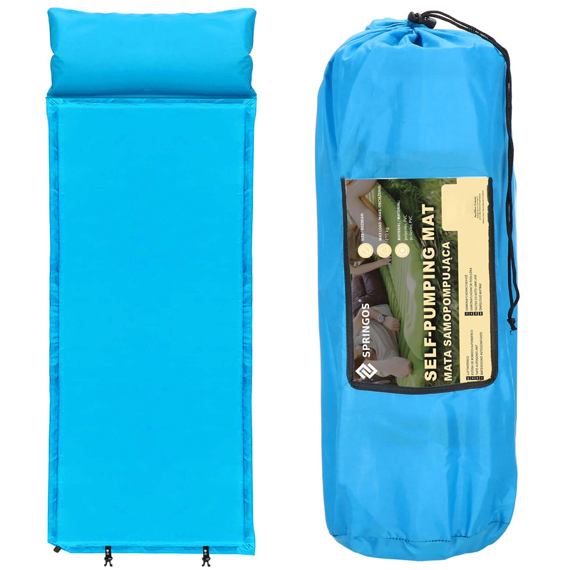 Mata samopompująca materac 186 cm z poduszką i pokrowcem mata turystyczna niebieska