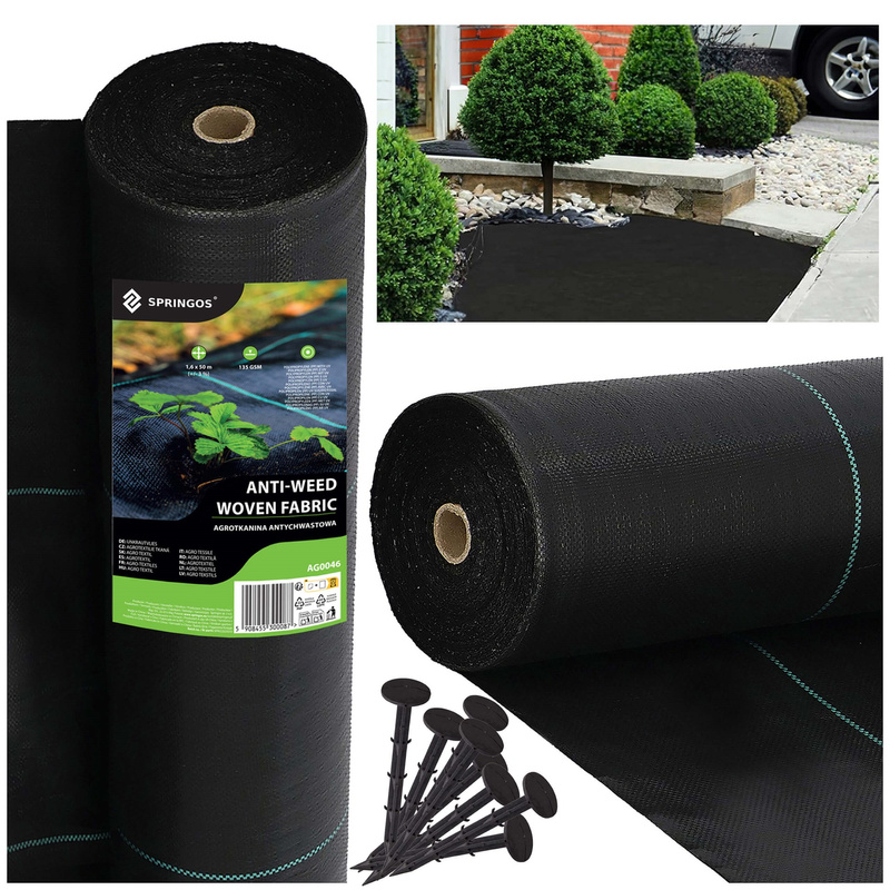 Agrowłóknina mata antychwastowa 1,6m x 50m agrotkanina czarna 135 g/m2 + kotwy mocujące 50 szt. kołki