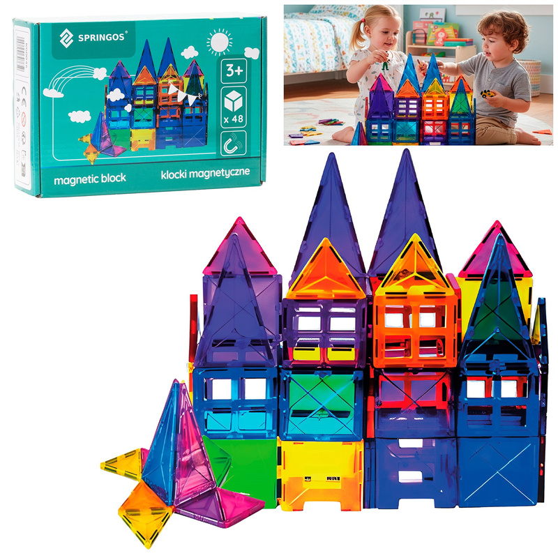 Klocki magnetyczne dla dzieci 48 szt. klocki konstrukcyjne 3D kolorowe edukacyjne