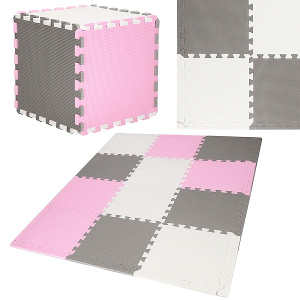 Mata piankowa kwadraty 118x90 cm szare białe różowe puzzle pianka EVA