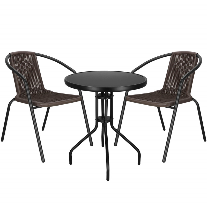 Zestaw mebli ogrodowych stół okrągły i 2 krzesła metalowe komplet ogrodowy czarno-brązowy