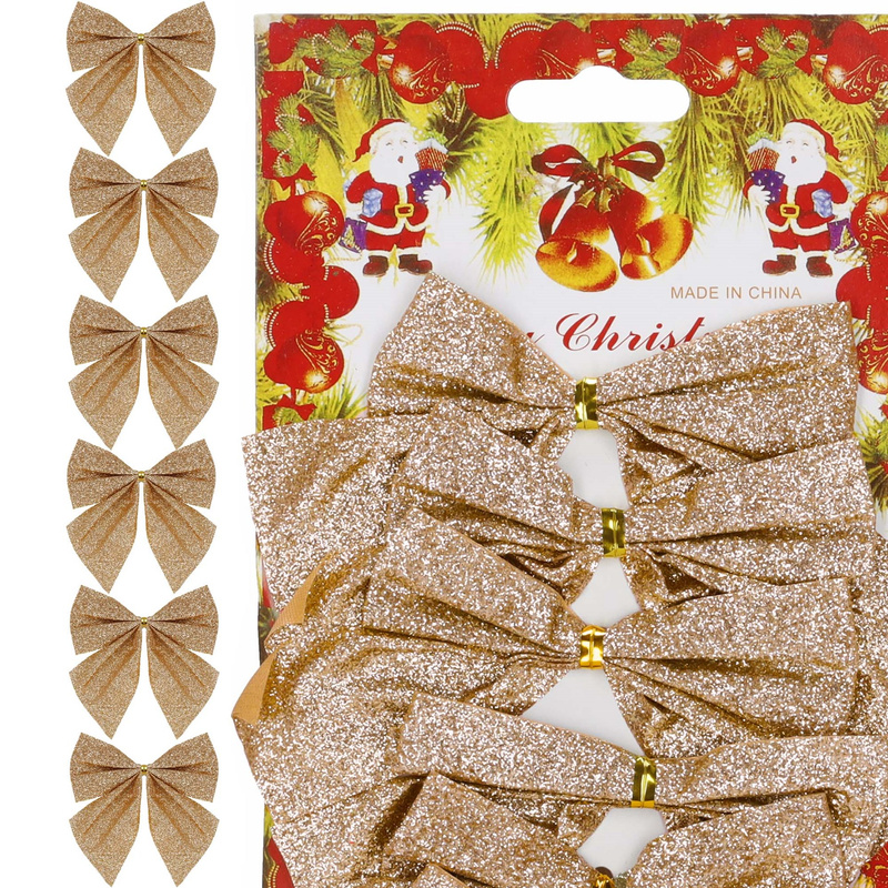 Kokardki na choinkę 6 szt. brokatowe ozdoby świąteczne zawieszki złote