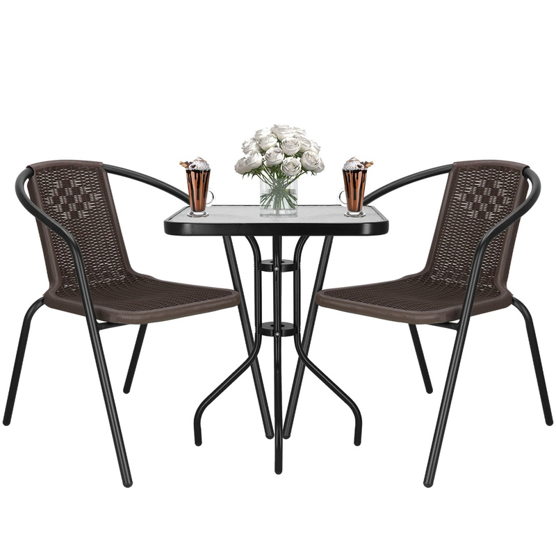 Meble na balkon: stolik kawowy z kwadratowym blatem z szkła hartowanego, 2 krzesła metalowe